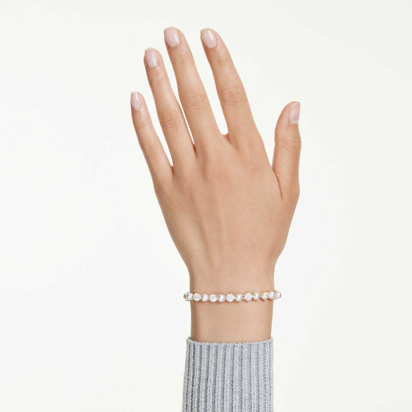 Pulsera Tennis Matrix Perla de cristal, Talla redonda, Blanca, Baño tono oro