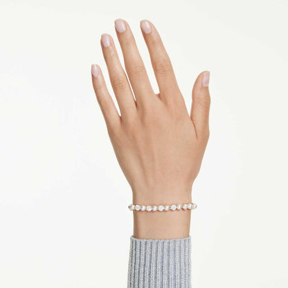 Pulsera Tennis Matrix Perla de cristal, Talla redonda, Blanca, Baño tono oro
