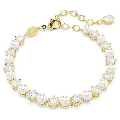 Pulsera Tennis Matrix Perla de cristal, Talla redonda, Blanca, Baño tono oro