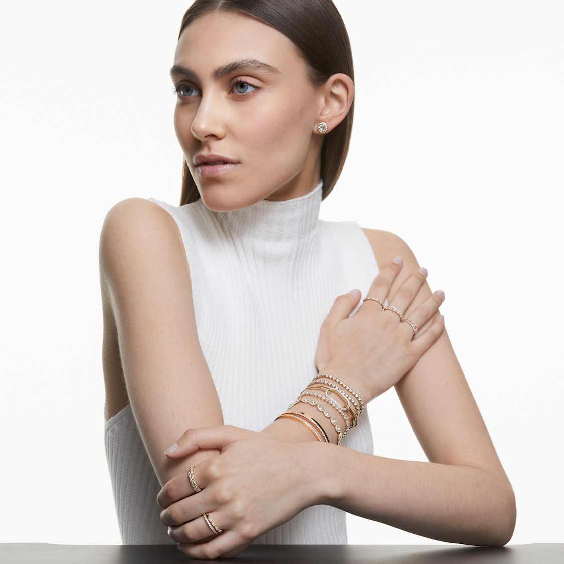 Pulsera Tennis Una Angelic Talla redonda, Pavé, Mediana, Blanca, Baño tono oro rosa