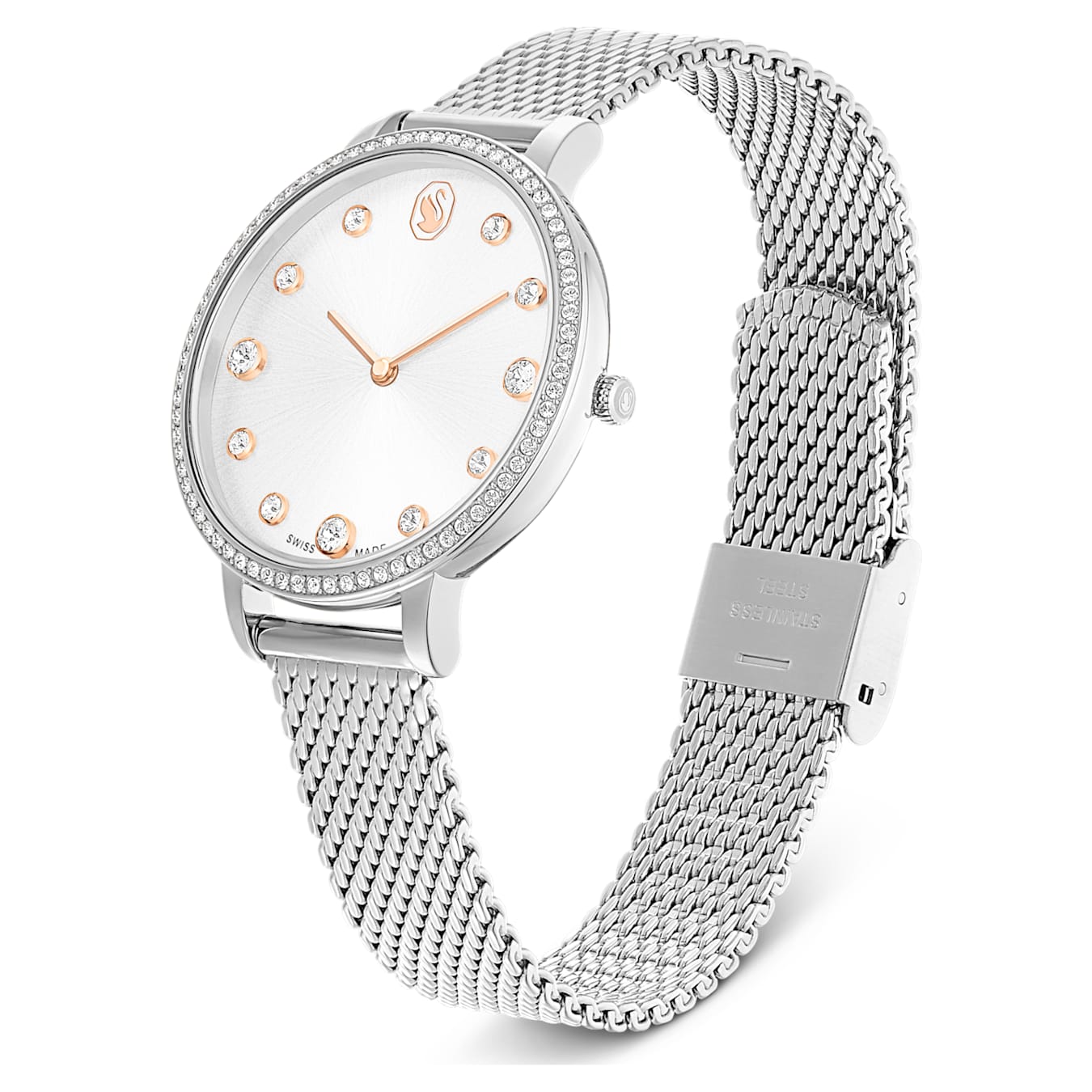 Reloj Clarica Fabricado en Suiza, Brazalete de metal, Tono plateado, Acero inoxidable