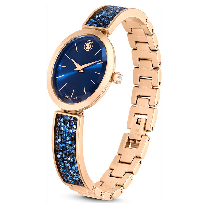 Reloj Crystal Rock Oval, Fabricado en Suiza, Brazalete de metal, Azul, Acabado tono oro rosa