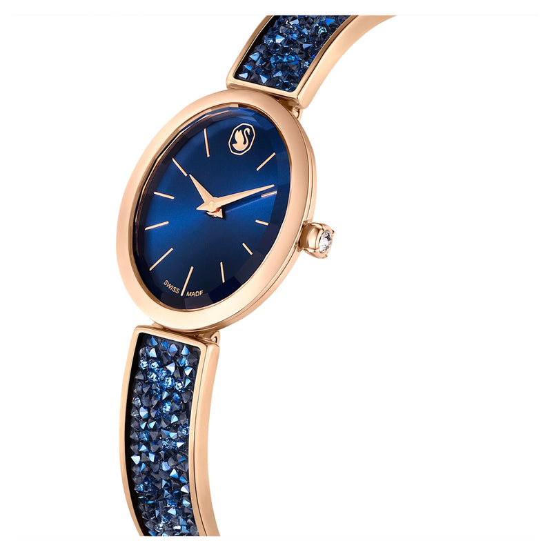 Reloj Crystal Rock Oval, Fabricado en Suiza, Brazalete de metal, Azul, Acabado tono oro rosa