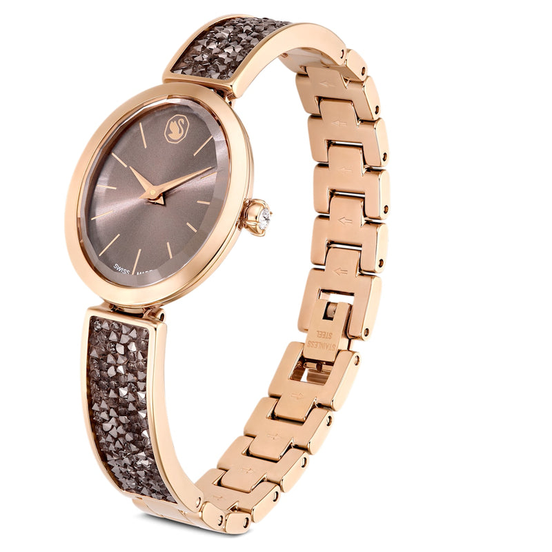 Reloj Crystal Rock Oval, Fabricado en Suiza, Brazalete de metal, Negro, Acabado tono oro rosa