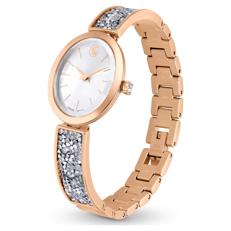 Reloj Crystal Rock Oval, Fabricado en Suiza, Brazalete de metal, Tono plateado, Acabado tono oro rosa