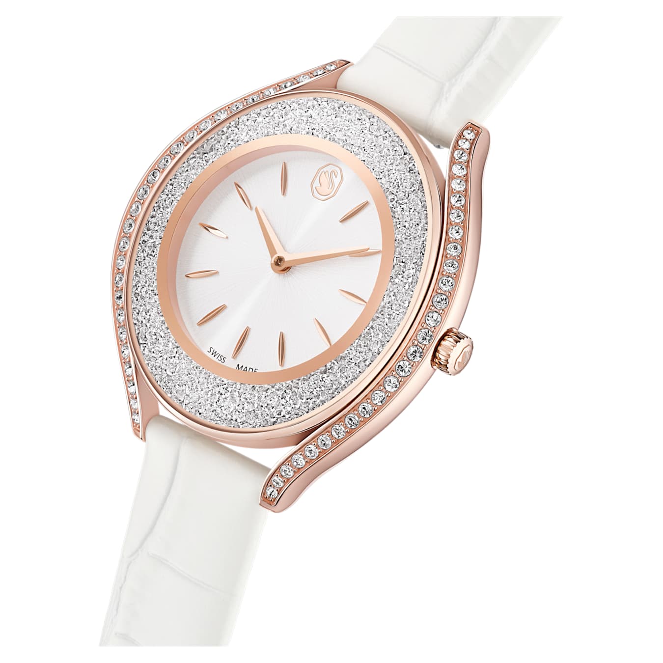 Reloj Crystalline aura Fabricado en Suiza, Correa de piel, Blanco, Acabado tono oro rosa