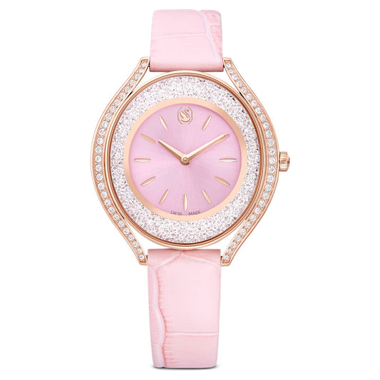 Reloj Crystalline aura Fabricado en Suiza, Correa de piel, Rosa, Acabado tono oro rosa