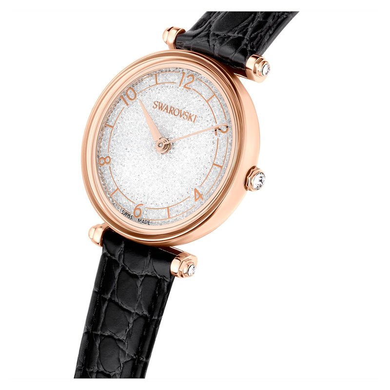 Reloj Crystalline Wonder, Fabricado en Suiza, Correa de piel, Negro, Acabado tono oro rosa