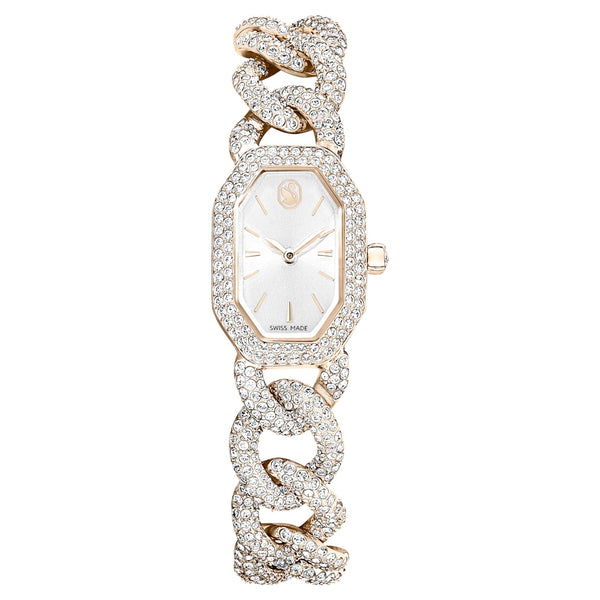 Reloj Dextera Chain, Fabricado en Suiza, Pulsera de cristal, Blanco, Acabado tono oro champán