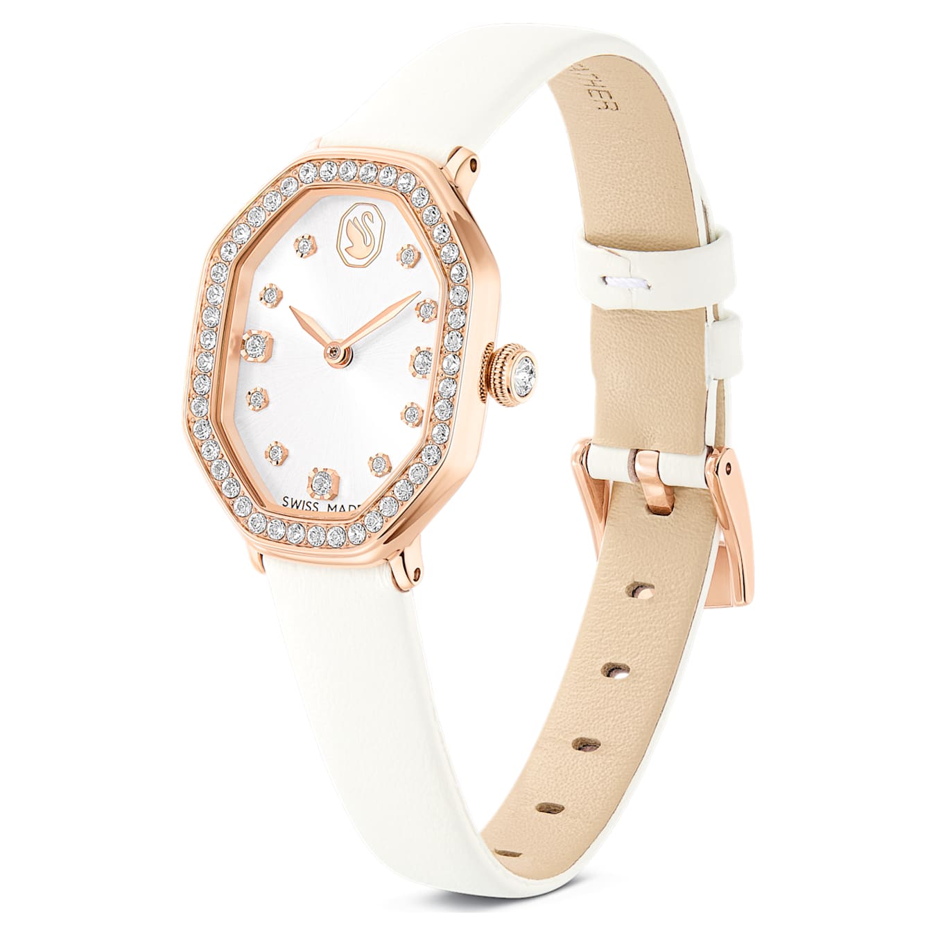 Reloj Dextera octagon Fabricado en Suiza, Correa de piel, Blanco, Acabado tono oro rosa