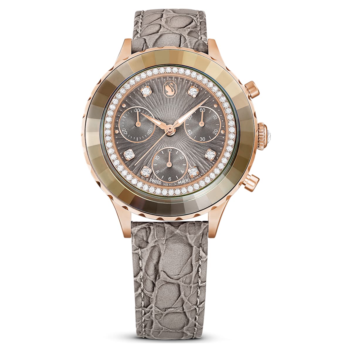 Reloj Octea chrono Fabricado en Suiza, Correa de piel, Gris, Acabado tono oro rosa