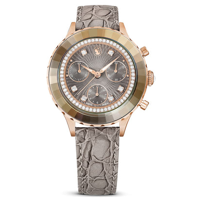 Reloj Octea chrono Fabricado en Suiza, Correa de piel, Gris, Acabado tono oro rosa