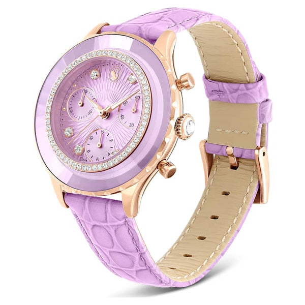 Reloj Octea ChronoFabricado en Suiza, Correa de piel, Morado, Acabado tono oro rosa