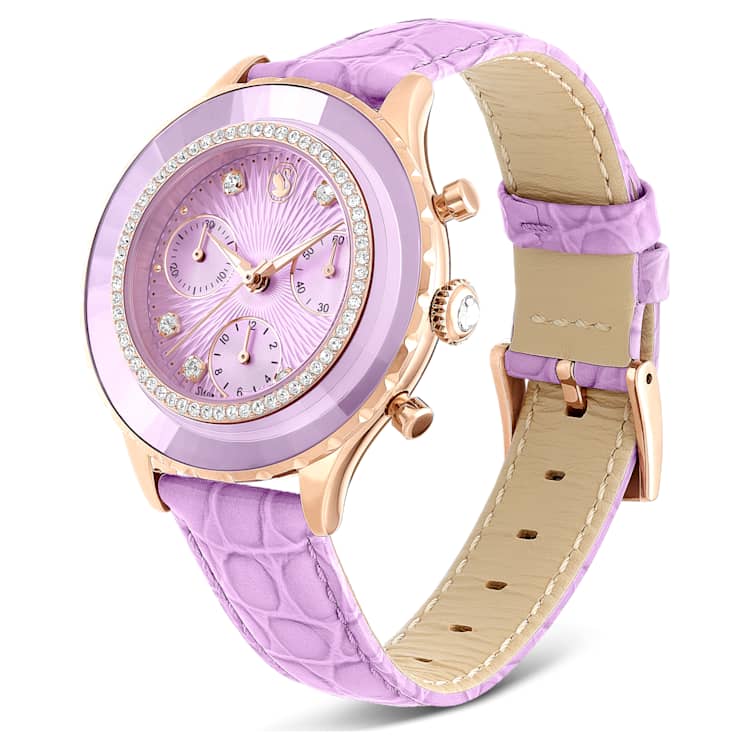 Reloj Octea ChronoFabricado en Suiza, Correa de piel, Morado, Acabado tono oro rosa