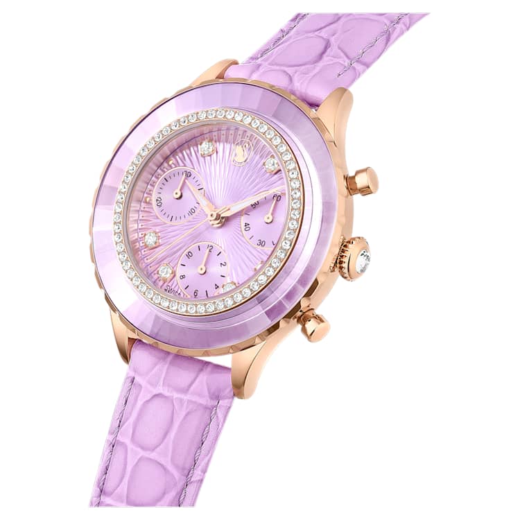 Reloj Octea ChronoFabricado en Suiza, Correa de piel, Morado, Acabado tono oro rosa