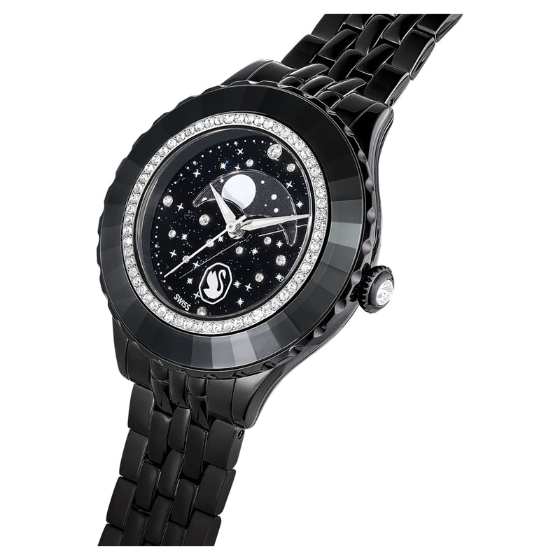 Reloj Octea Moon, Fabricado en Suiza, Luna, Correa de metal, Negro, Acabado negro