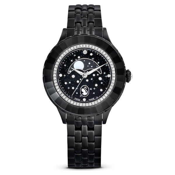 Reloj Octea Moon, Fabricado en Suiza, Luna, Correa de metal, Negro, Acabado negro