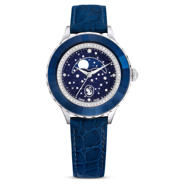 Reloj Octea Moon, Fabricado en Suiza, Luna, Correa de piel, Azul, Acabado en azul