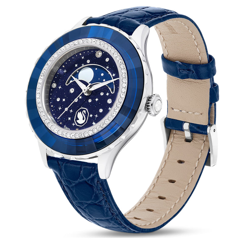 Reloj Octea Moon, Fabricado en Suiza, Luna, Correa de piel, Azul, Acabado en azul