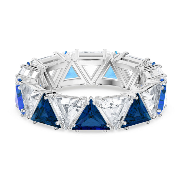 Anillo de cóctel Millenia, Cristales de talla triangular, Azul, Baño de rodio