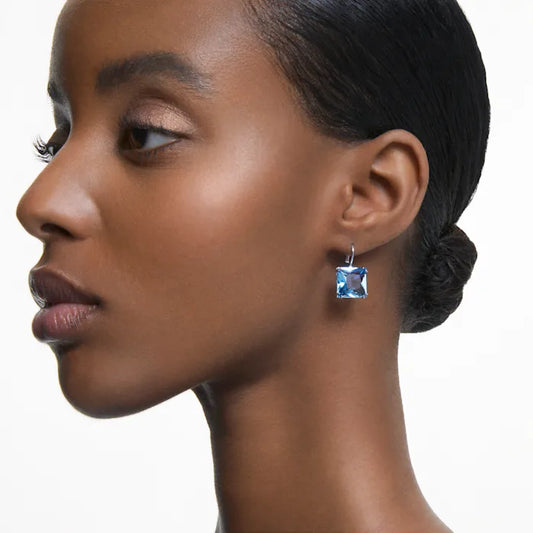 Pendientes Millenia, Cristal de talla cuadrada, Azul, Baño de rodio