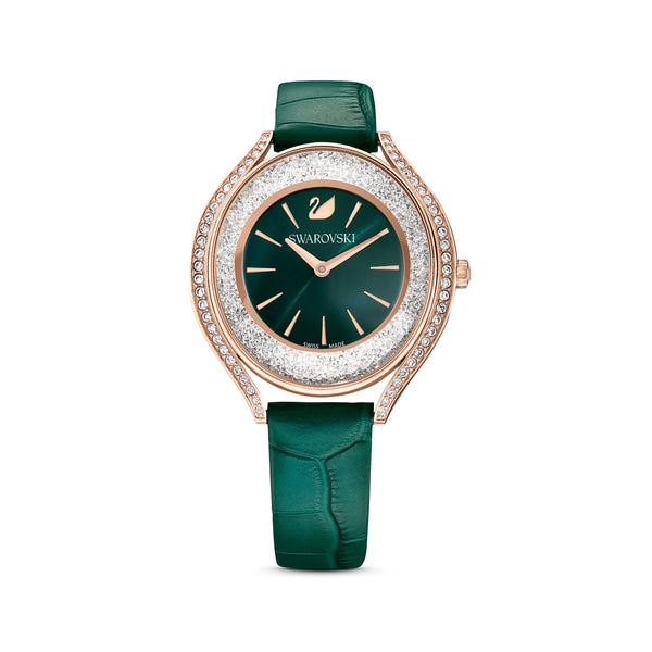 Reloj Crystalline Aura, Correa de piel, Verde, Acabado tono oro rosa