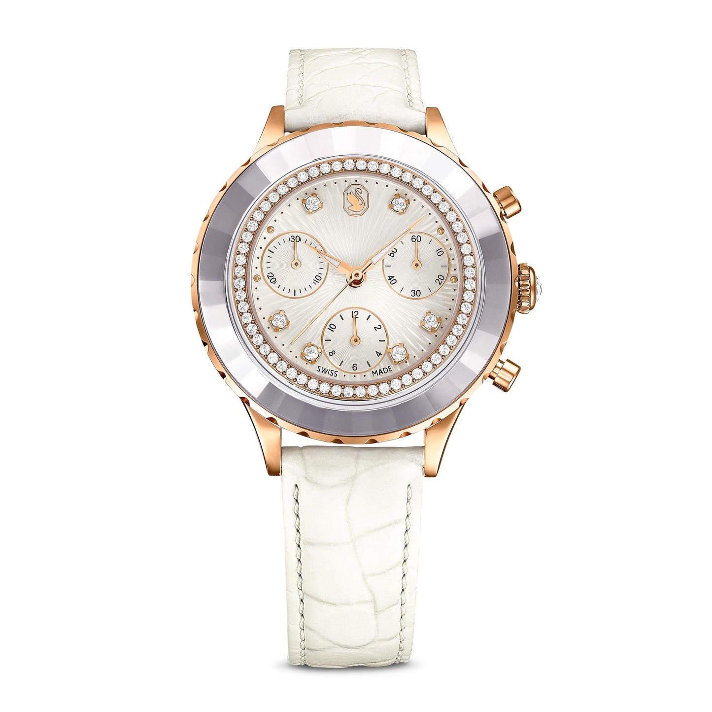 Reloj Octea Chrono, Fabricado en Suiza, Correa de piel, Blanco, Acabado tono oro rosa