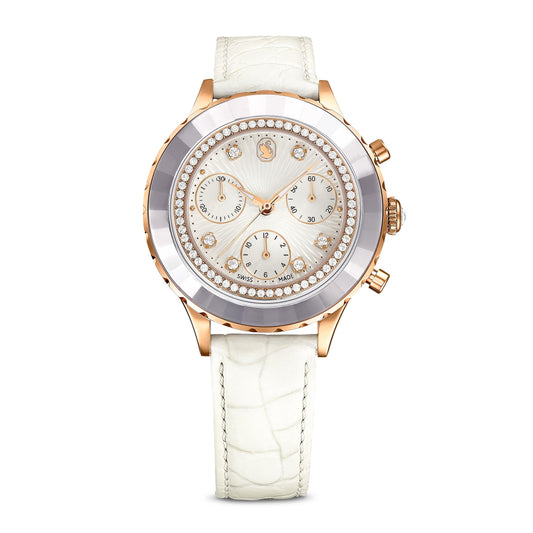 Reloj Octea Chrono, Fabricado en Suiza, Correa de piel, Blanco, Acabado tono oro rosa