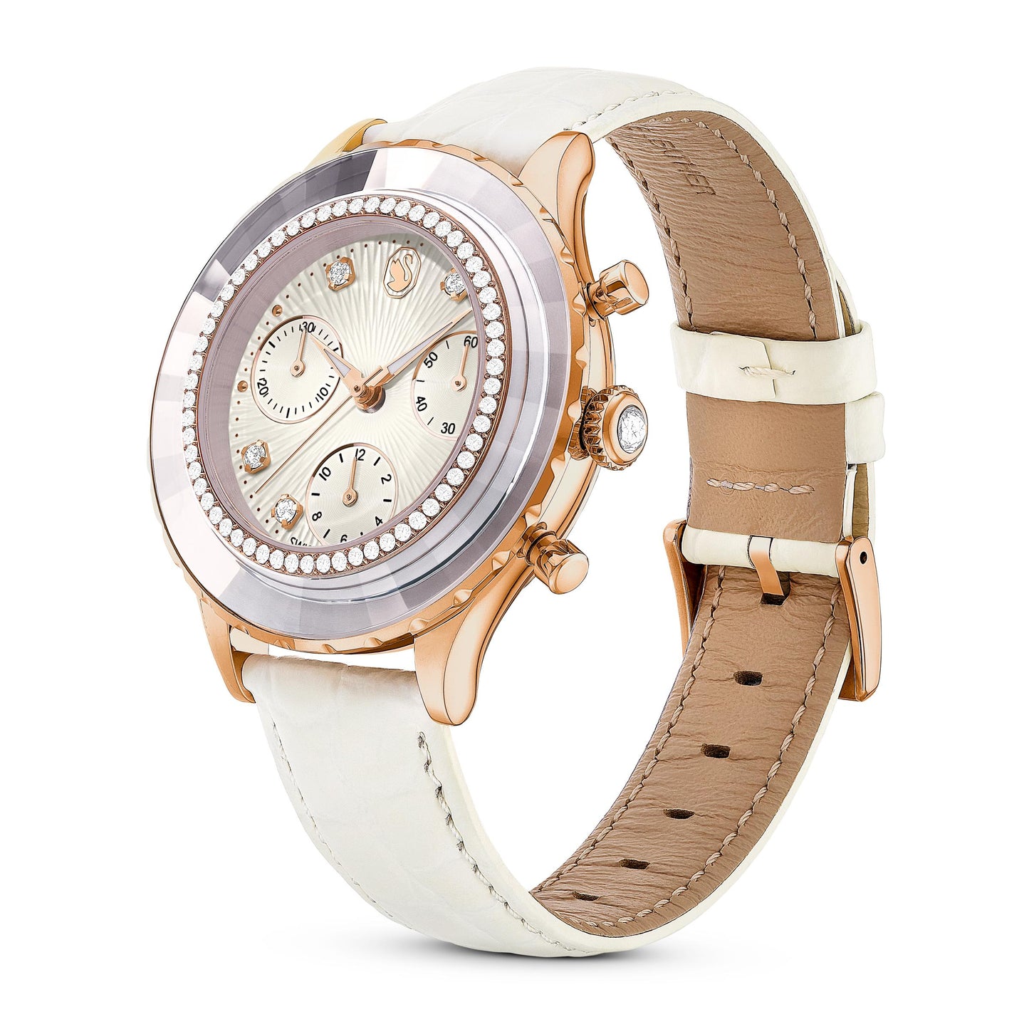 Reloj Octea Chrono, Fabricado en Suiza, Correa de piel, Blanco, Acabado tono oro rosa