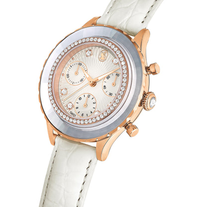 Reloj Octea Chrono, Fabricado en Suiza, Correa de piel, Blanco, Acabado tono oro rosa