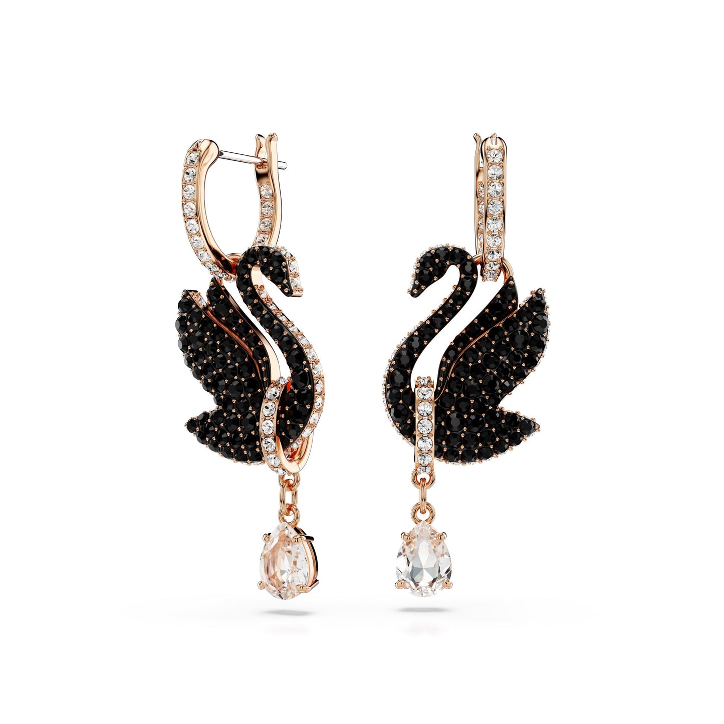 Pendientes Swarovski Iconic Swan, Cisne, Negros, Baño tono oro rosa