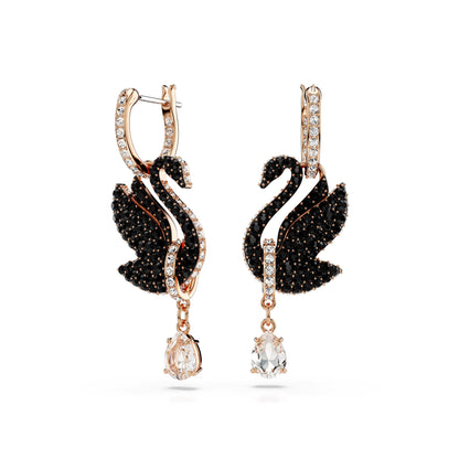 Pendientes Swarovski Iconic Swan, Cisne, Negros, Baño tono oro rosa