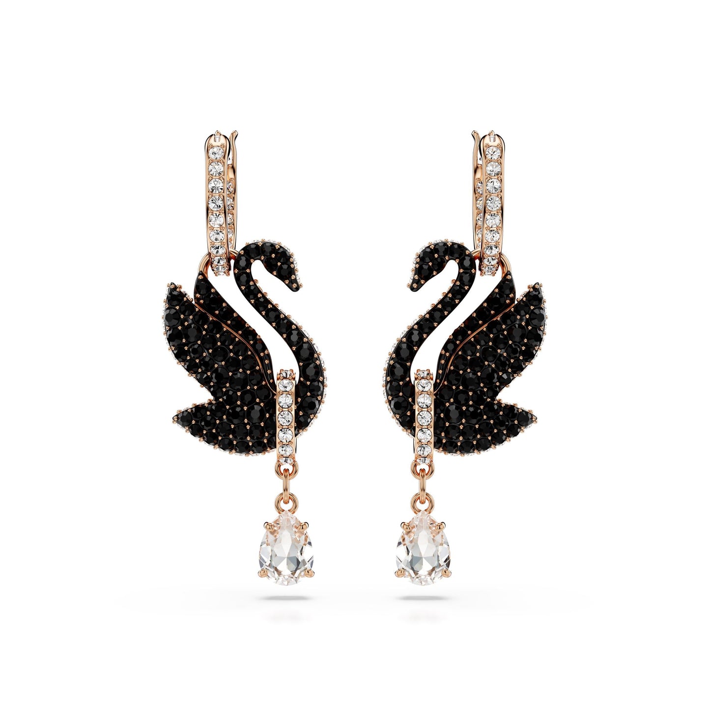 Pendientes Swarovski Iconic Swan, Cisne, Negros, Baño tono oro rosa