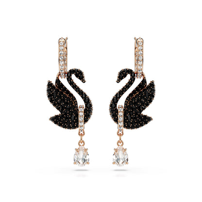 Pendientes Swarovski Iconic Swan, Cisne, Negros, Baño tono oro rosa