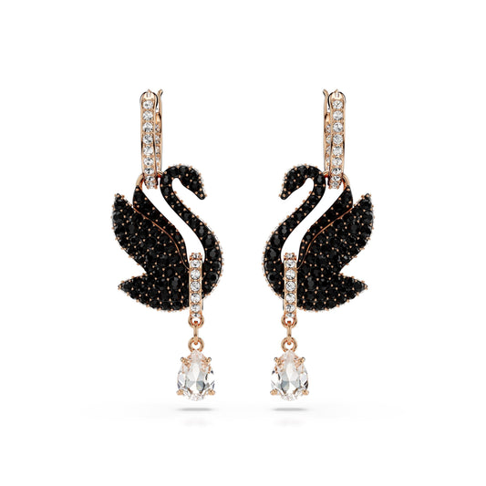 Pendientes Swarovski Iconic Swan, Cisne, Negros, Baño tono oro rosa