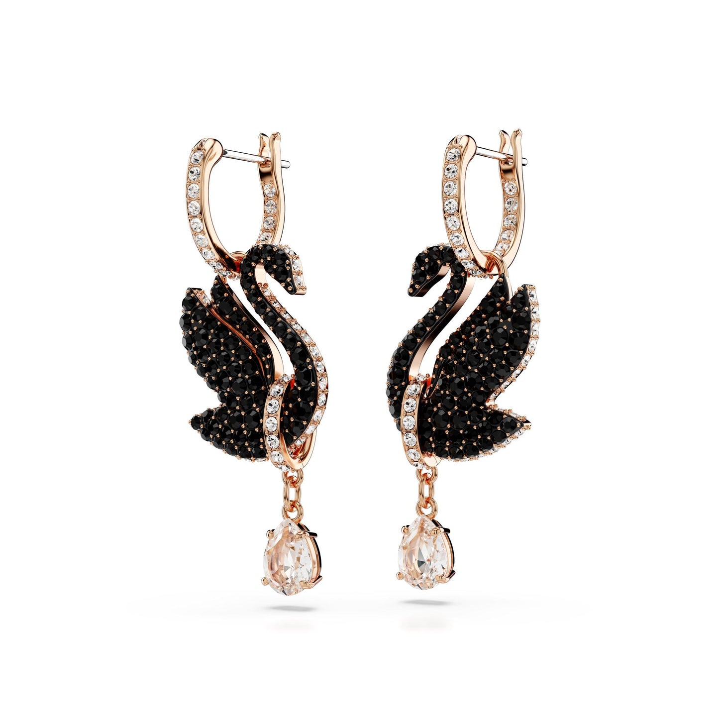 Pendientes Swarovski Iconic Swan, Cisne, Negros, Baño tono oro rosa