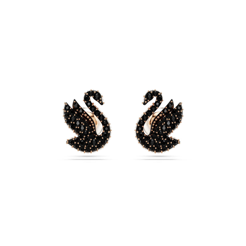 Pendientes de botón Swarovski Iconic Swan, Cisne, Negros, Baño tono oro rosa