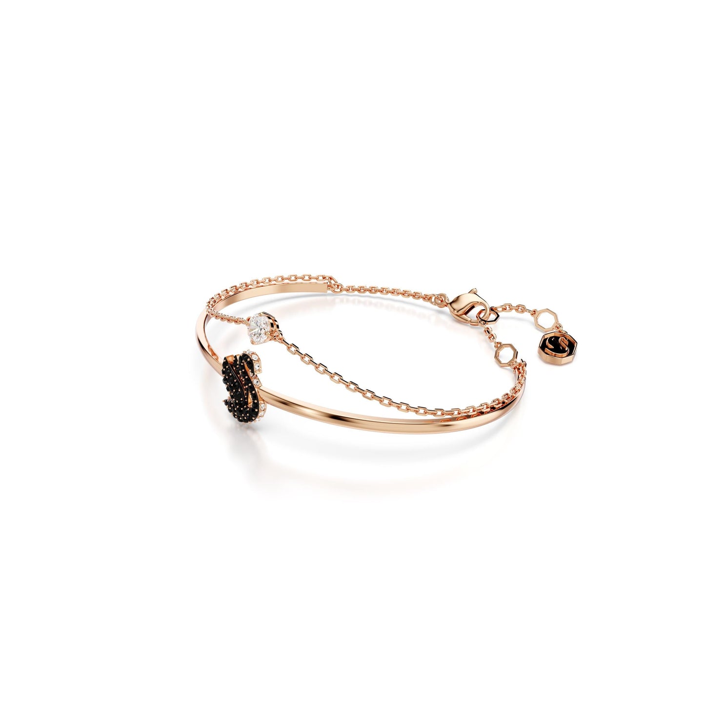 Brazalete Swarovski Iconic Swan, Cisne, Negro, Baño tono oro rosa