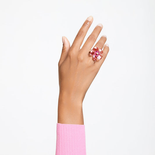 Anillo de cóctel Idyllia Flor, Rosa, Baño tono oro