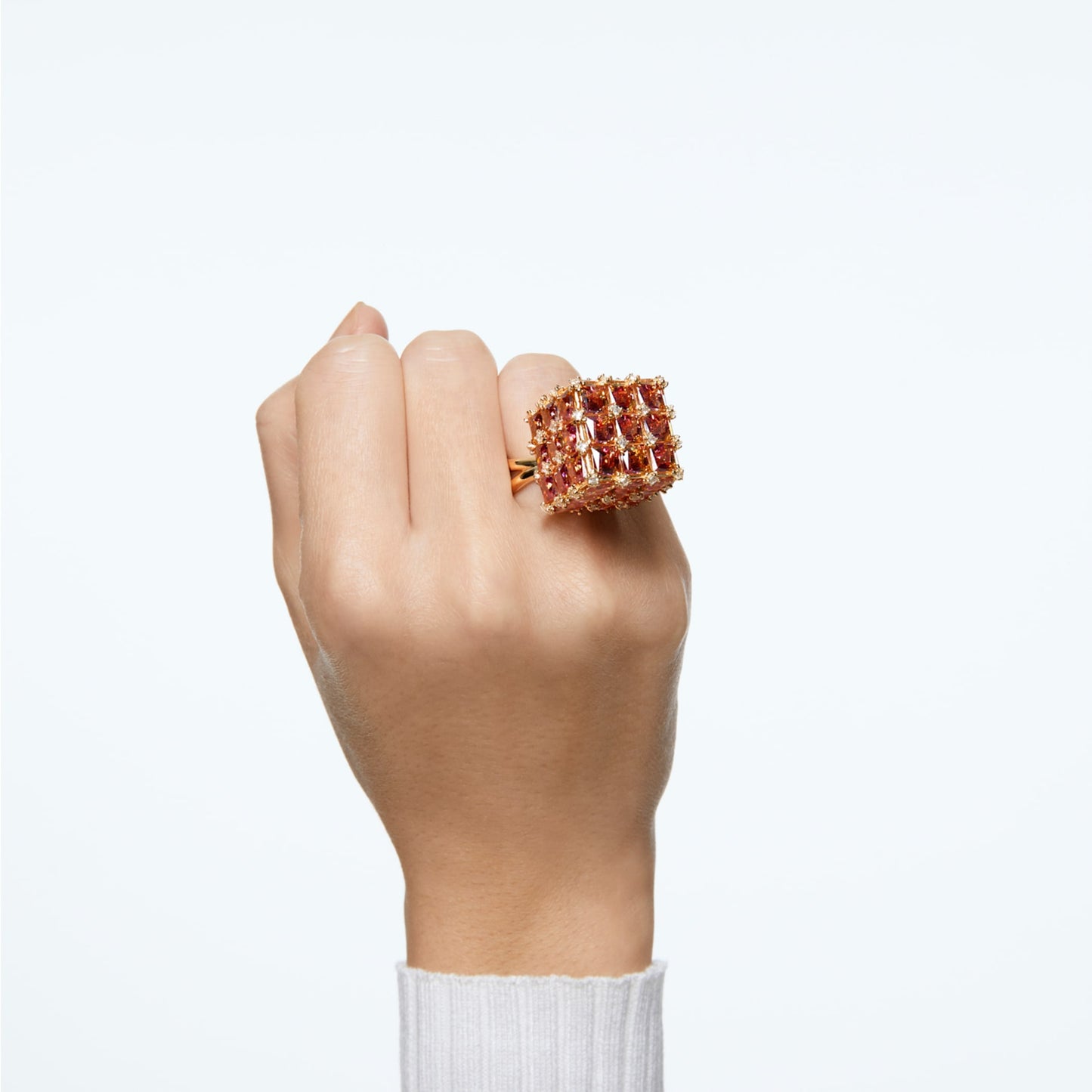 Anillo de cóctel Curiosa Cuadrado, Naranja, Baño tono oro