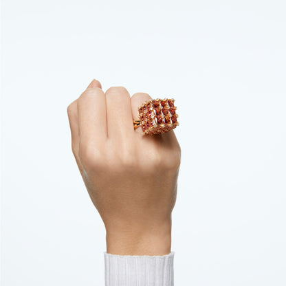 Anillo de cóctel Curiosa Cuadrado, Naranja, Baño tono oro